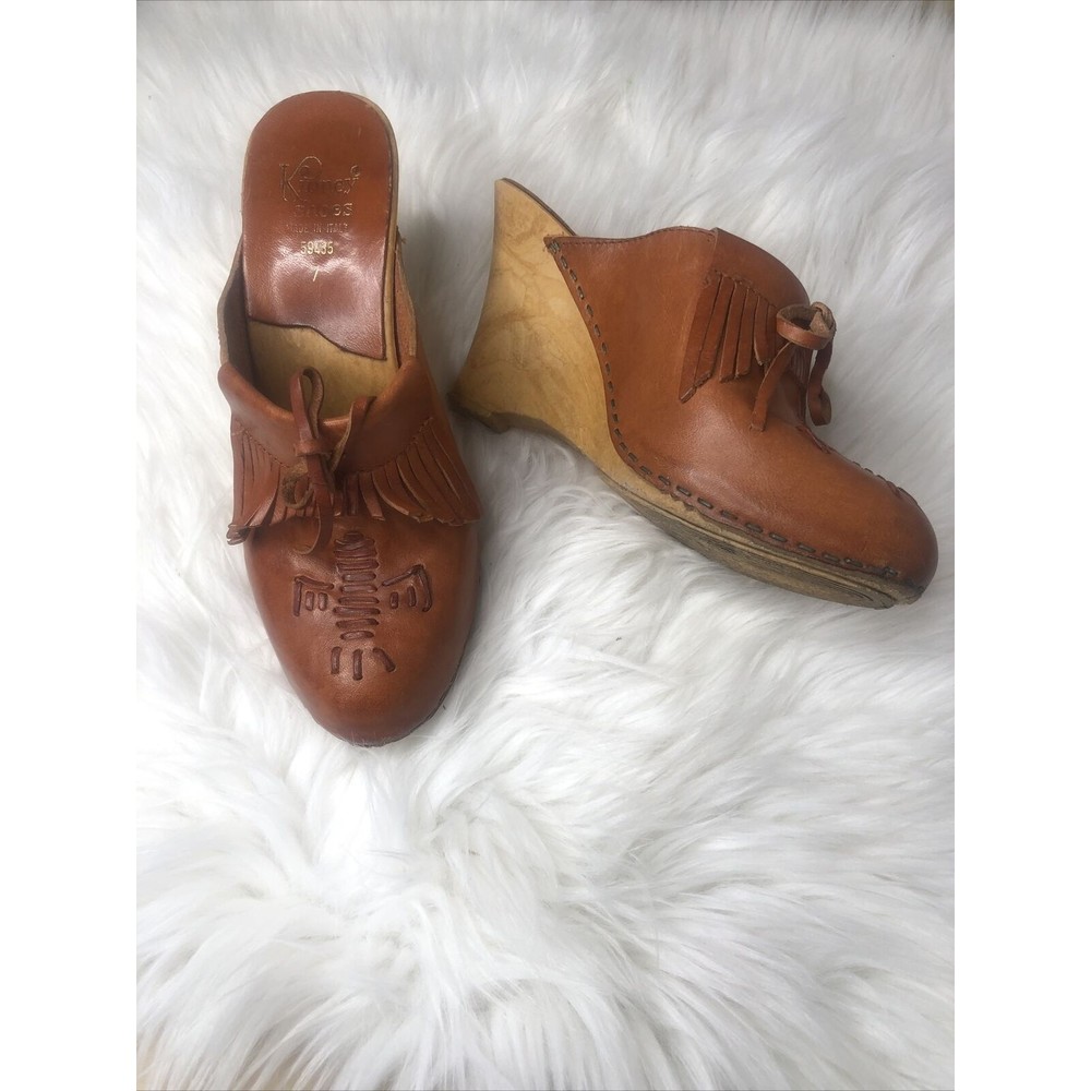 vintage 70s brown leather Faux wood clogs 7 high heel mules boho hippie wedges